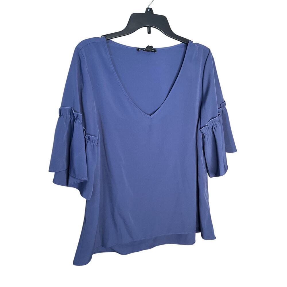 Saks Fifth Avenue Short Flutter Sleeve Top V-Neck Blue Womens Size Large NEW